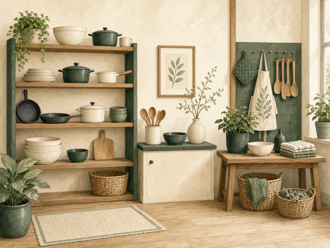 Illustrated kitchen shop shelving with cookware