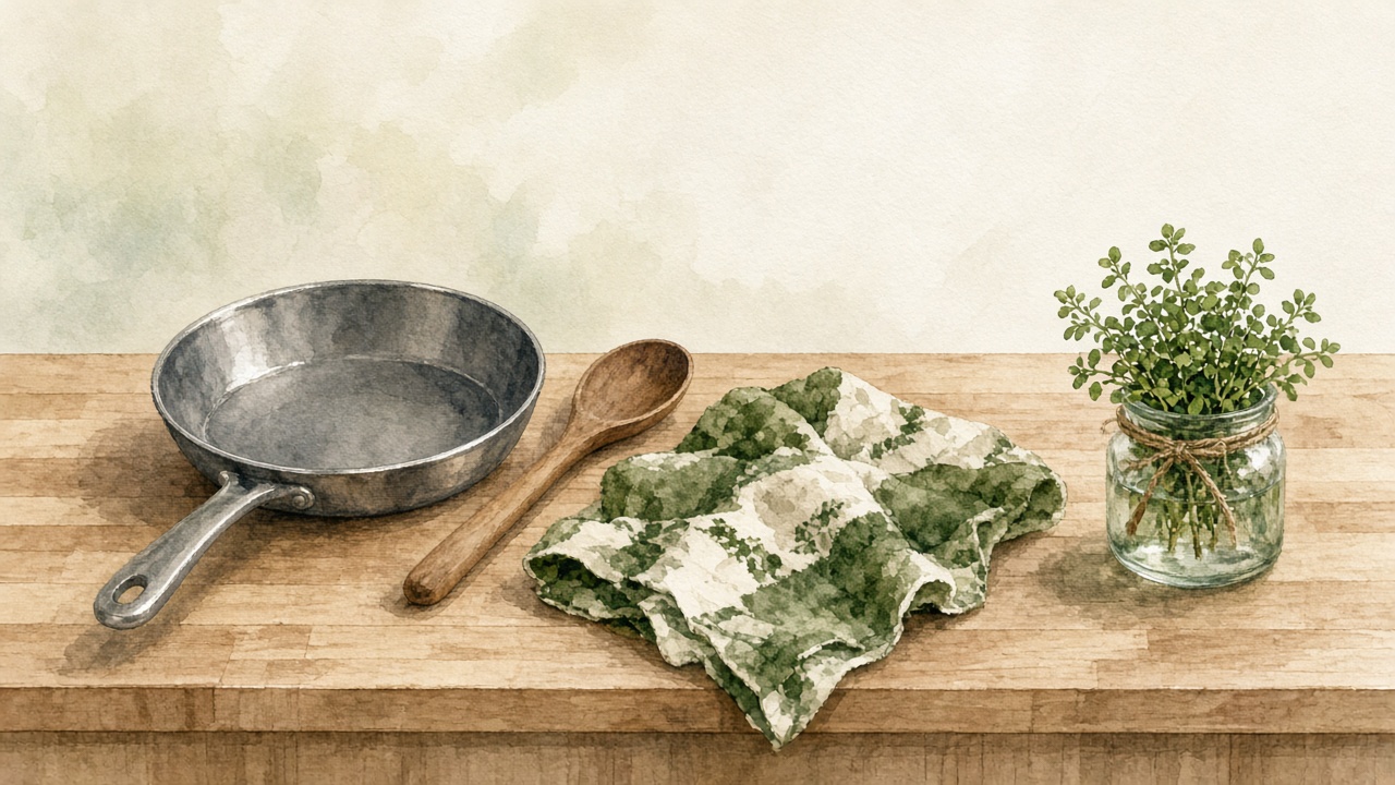 Illustrated cookware still life on a cream counter